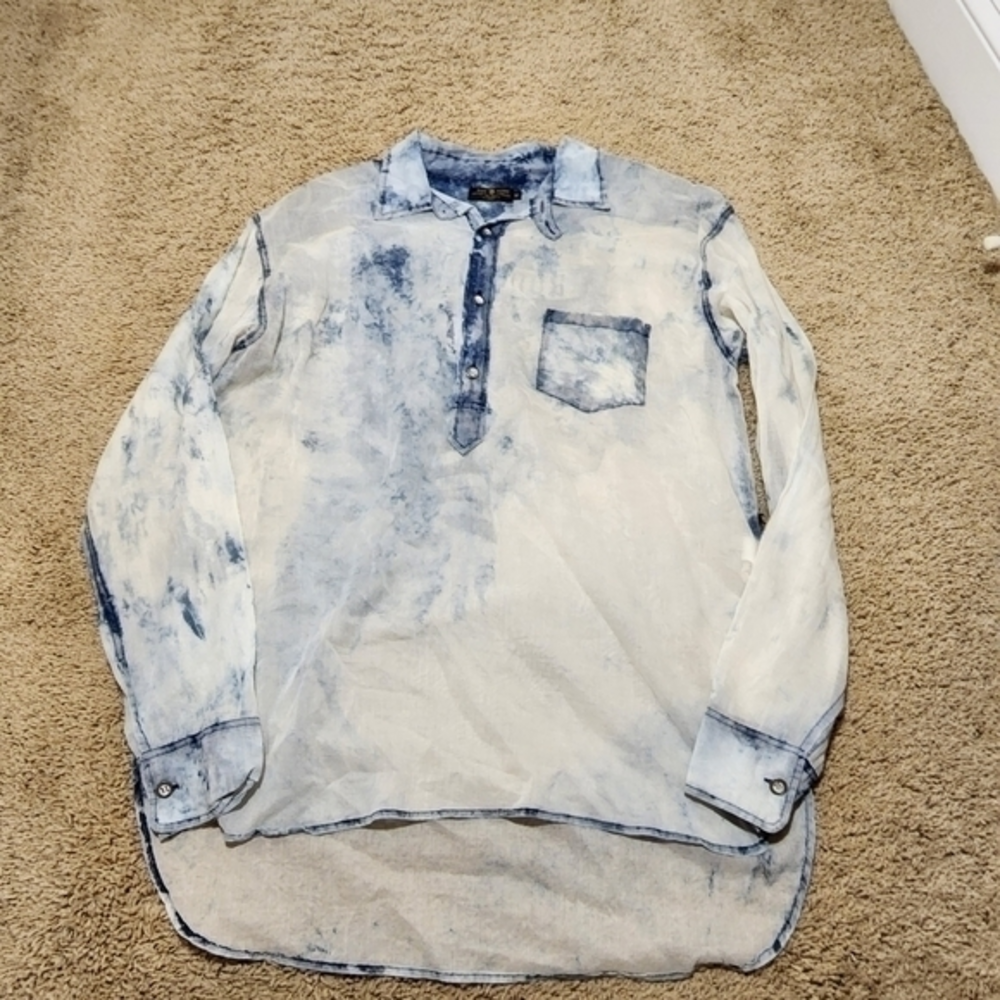 Rude Riders Women's Medium Sheer Bleached Button Up Americana Eagle Flag‎ Sheer